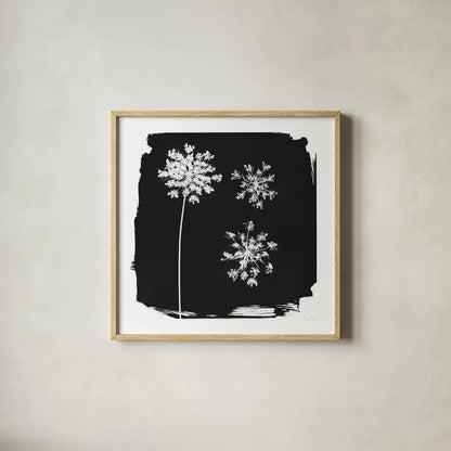 Nature by the Lake Flowers III Black by Piper Rhue. Shown in a natural wood glass frame for a timeless modern aesthetic. Available as an archival giclee rolled canvas, fine art paper, or poster print. SKU 51201a.