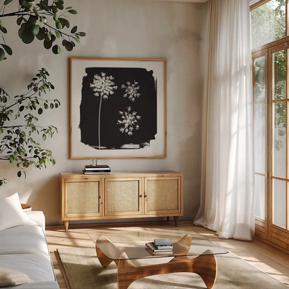 Nature by the Lake Flowers III Black by Piper Rhue. Shown in a natural wood frame in a cozy modern living room. Available as an archival giclee rolled canvas, fine art paper, or poster print. SKU 51201a.