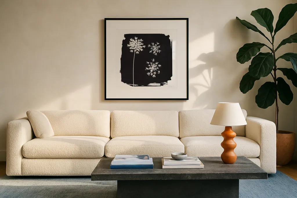 Nature by the Lake Flowers III Black by Piper Rhue. Displayed in a glass frame with matte in a clean modern living room. Available as an archival giclee rolled canvas, fine art paper, or poster print. SKU 51201a.