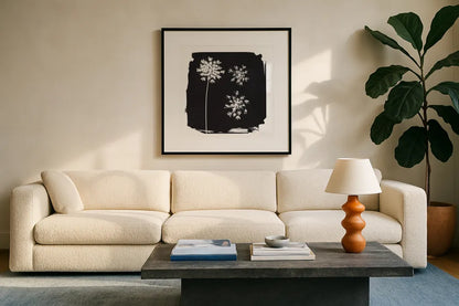 Nature by the Lake Flowers III Black by Piper Rhue. Displayed in a glass frame with matte in a clean modern living room. Available as an archival giclee rolled canvas, fine art paper, or poster print. SKU 51201a.