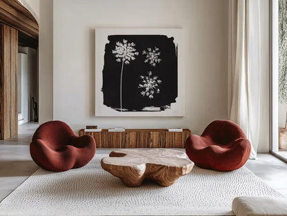 Nature by the Lake Flowers III Black by Piper Rhue. Shown as extra-large giant wall art in a modern living room. Available as an archival giclee rolled canvas, fine art paper, or poster print. SKU 51201a.