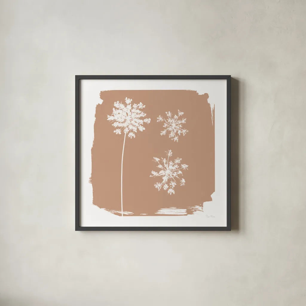 Nature by the Lake Flowers III Neutral by Piper Rhue. Shown in a sleek black glass frame for a contemporary gallery look. Available as an archival giclee rolled canvas, fine art paper, or poster print. SKU 71831a.