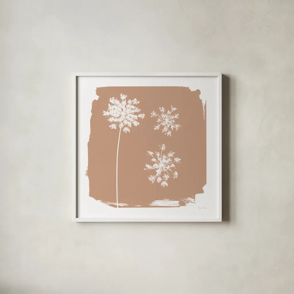 Nature by the Lake Flowers III Neutral by Piper Rhue. Shown in a crisp white glass frame for a clean and minimalist style. Available as an archival giclee rolled canvas, fine art paper, or poster print. SKU 71831a.