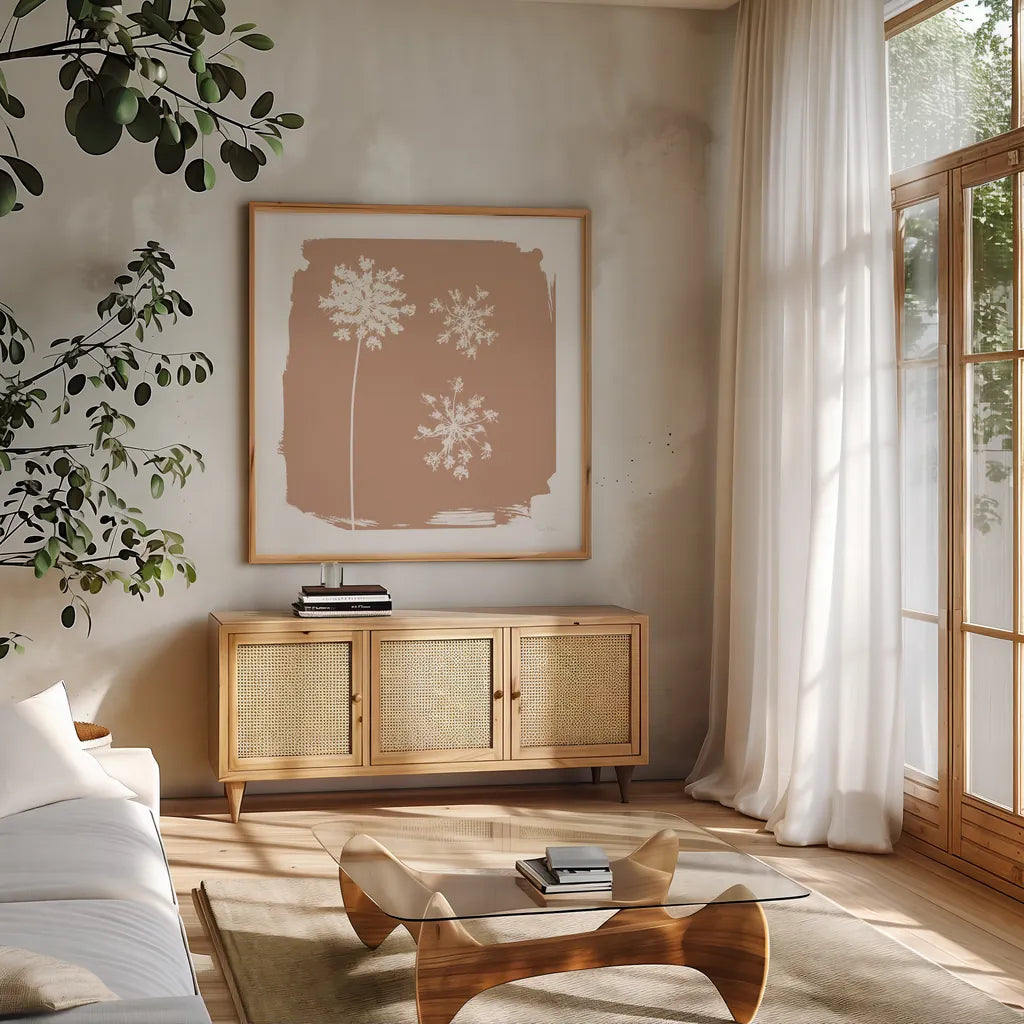 Nature by the Lake Flowers III Neutral by Piper Rhue. Shown in a natural wood frame in a cozy modern living room. Available as an archival giclee rolled canvas, fine art paper, or poster print. SKU 71831a.