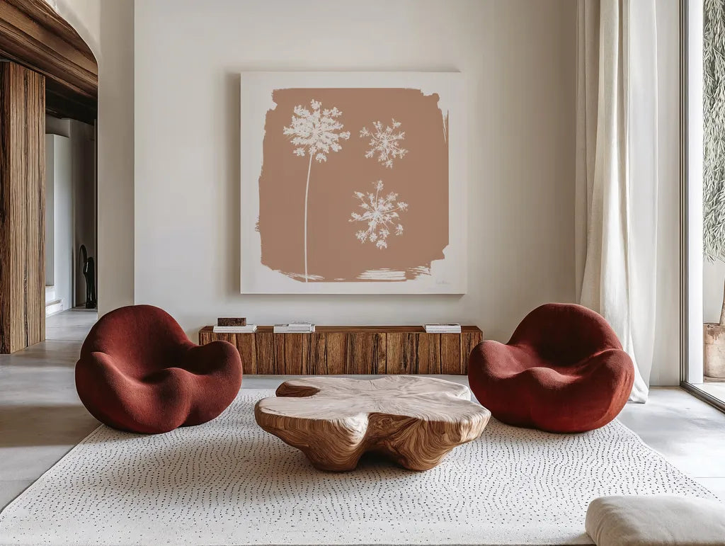Nature by the Lake Flowers III Neutral by Piper Rhue. Shown as extra-large giant wall art in a modern living room. Available as an archival giclee rolled canvas, fine art paper, or poster print. SKU 71831a.