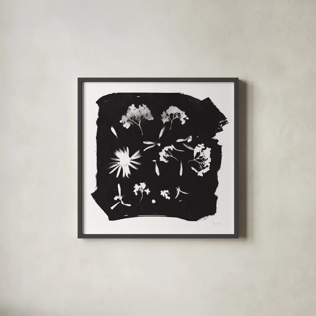 Nature by the Lake Flowers IV Black by Piper Rhue. Shown in a sleek black glass frame for a contemporary gallery look. Available as an archival giclee rolled canvas, fine art paper, or poster print. SKU 51202a.