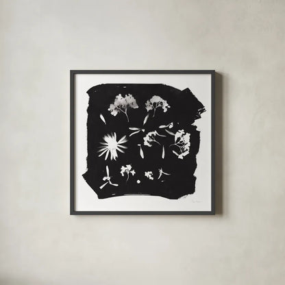 Nature by the Lake Flowers IV Black by Piper Rhue. Shown in a sleek black glass frame for a contemporary gallery look. Available as an archival giclee rolled canvas, fine art paper, or poster print. SKU 51202a.