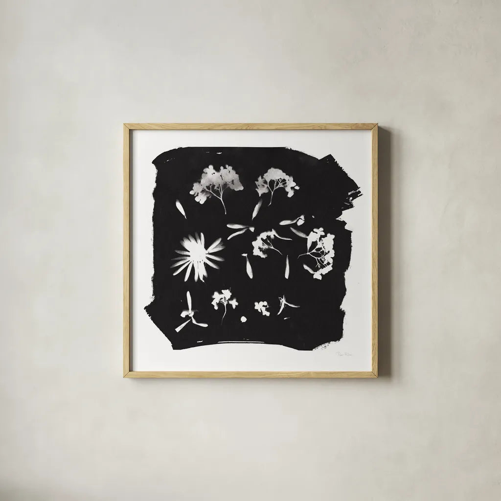 Nature by the Lake Flowers IV Black by Piper Rhue. Shown in a natural wood glass frame for a timeless modern aesthetic. Available as an archival giclee rolled canvas, fine art paper, or poster print. SKU 51202a.
