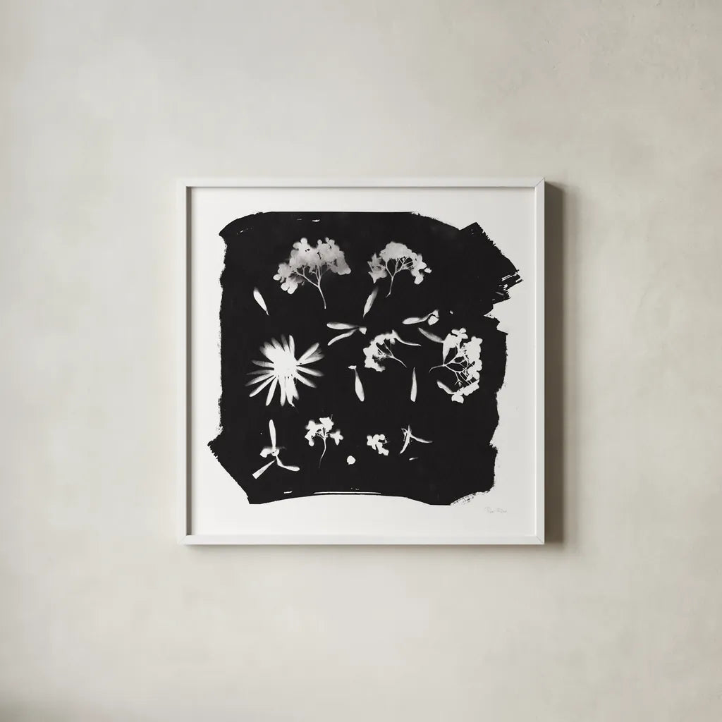 Nature by the Lake Flowers IV Black by Piper Rhue. Shown in a crisp white glass frame for a clean and minimalist style. Available as an archival giclee rolled canvas, fine art paper, or poster print. SKU 51202a.