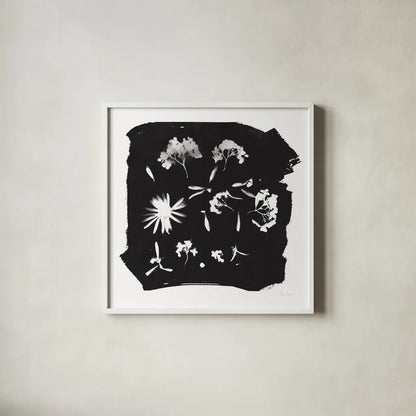 Nature by the Lake Flowers IV Black by Piper Rhue. Shown in a crisp white glass frame for a clean and minimalist style. Available as an archival giclee rolled canvas, fine art paper, or poster print. SKU 51202a.