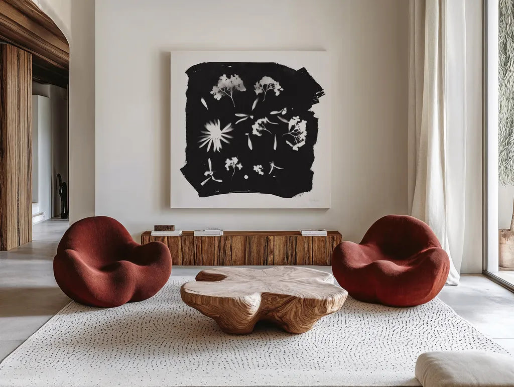 Nature by the Lake Flowers IV Black by Piper Rhue. Shown as extra-large giant wall art in a modern living room. Available as an archival giclee rolled canvas, fine art paper, or poster print. SKU 51202a.