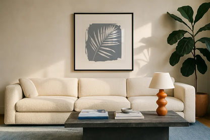 Nature by the Lake Frond II Sq Natural by Piper Rhue. Displayed in a glass frame with matte in a clean modern living room. Available as an archival giclee rolled canvas, fine art paper, or poster print. SKU 71824a.