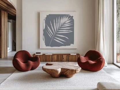 Nature by the Lake Frond II Sq Natural by Piper Rhue. Shown as extra-large giant wall art in a modern living room. Available as an archival giclee rolled canvas, fine art paper, or poster print. SKU 71824a.