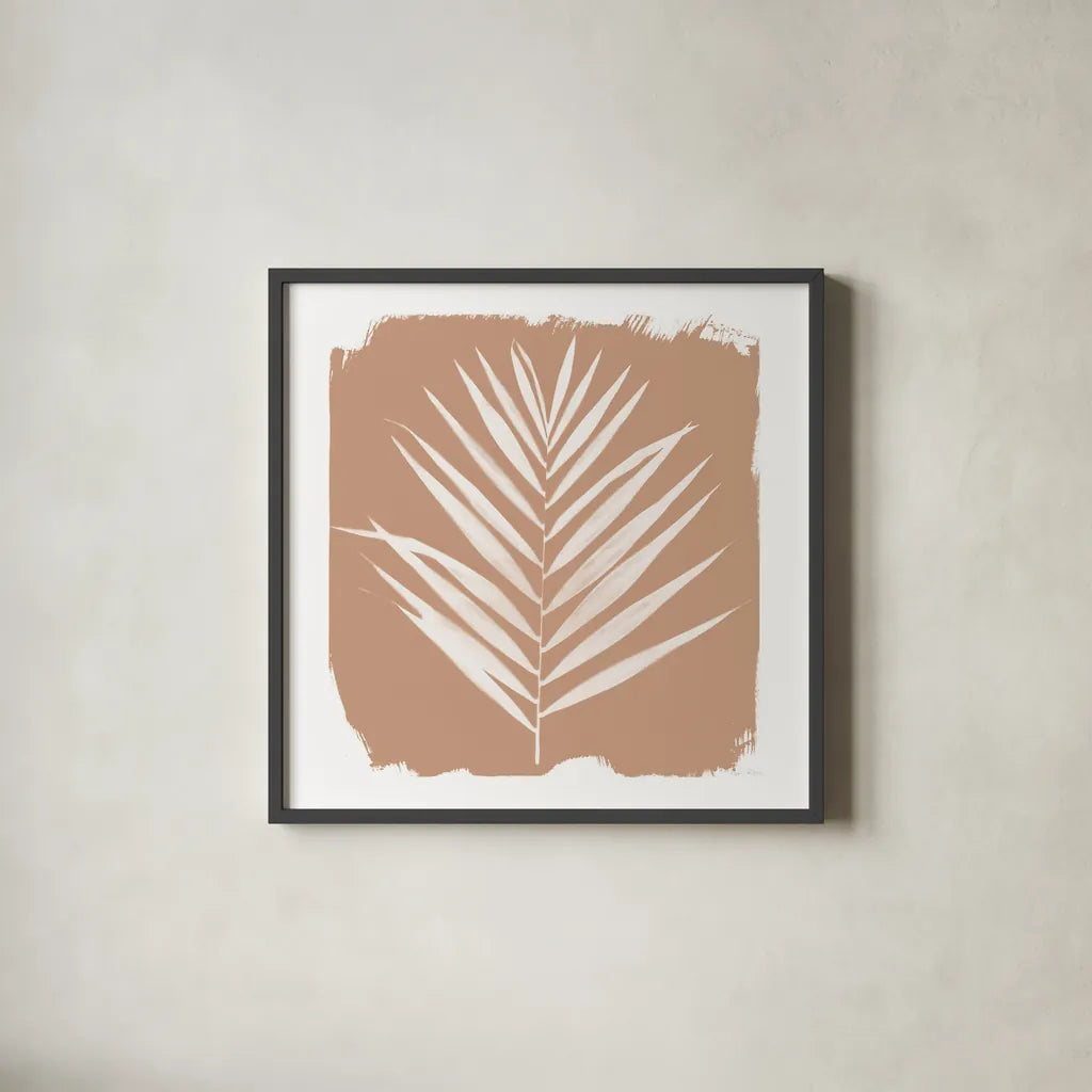 Nature by the Lake Frond III Sq Natural by Piper Rhue. Shown in a sleek black glass frame for a contemporary gallery look. Available as an archival giclee rolled canvas, fine art paper, or poster print. SKU 71825a.