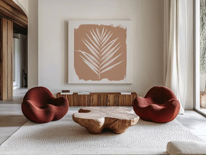 Nature by the Lake Frond III Sq Natural by Piper Rhue. Shown as extra-large giant wall art in a modern living room. Available as an archival giclee rolled canvas, fine art paper, or poster print. SKU 71825a.