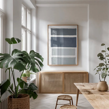 Painted Weaving I Gray by Piper Rhue. shown as a print in a natural wood frame in a dining room. Available as a archival giclee rolled canvas, fine art paper, or poster print. SKU 66593h.