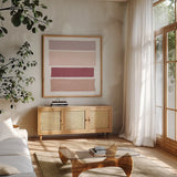 Painted Weaving I Mesa on White Sq by Piper Rhue. Shown in a natural wood frame in a cozy modern living room. Available as an archival giclee rolled canvas, fine art paper, or poster print. SKU 43225a.