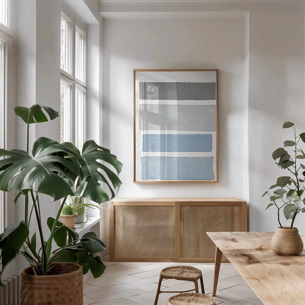 Painted Weaving I on White v2 by Piper Rhue. shown as a print in a natural wood frame in a dining room. Available as a archival giclee rolled canvas, fine art paper, or poster print. SKU 45439h.