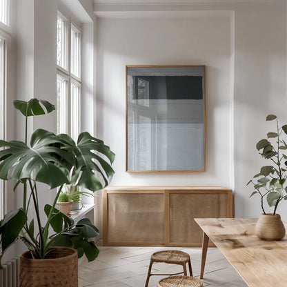 Painted Weaving II FB by Piper Rhue. shown as a print in a natural wood frame in a dining room. Available as a archival giclee rolled canvas, fine art paper, or poster print. SKU 30729h.