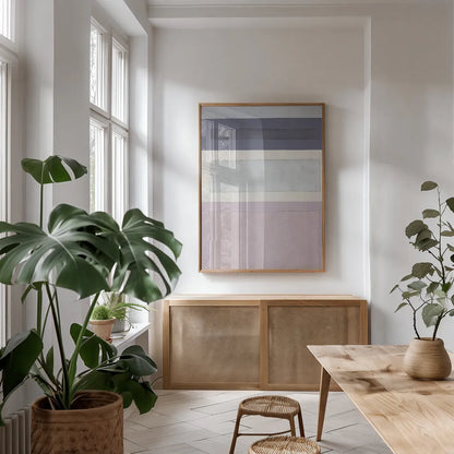 Painted Weaving IV FB by Piper Rhue. shown as a print in a natural wood frame in a dining room. Available as a archival giclee rolled canvas, fine art paper, or poster print. SKU 30731h.