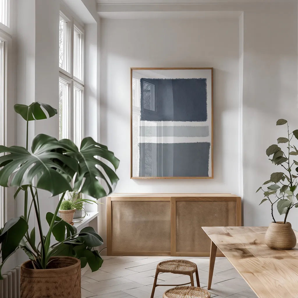 Painted Weaving V Gray by Piper Rhue. shown as a print in a natural wood frame in a dining room. Available as a archival giclee rolled canvas, fine art paper, or poster print. SKU 66595h.