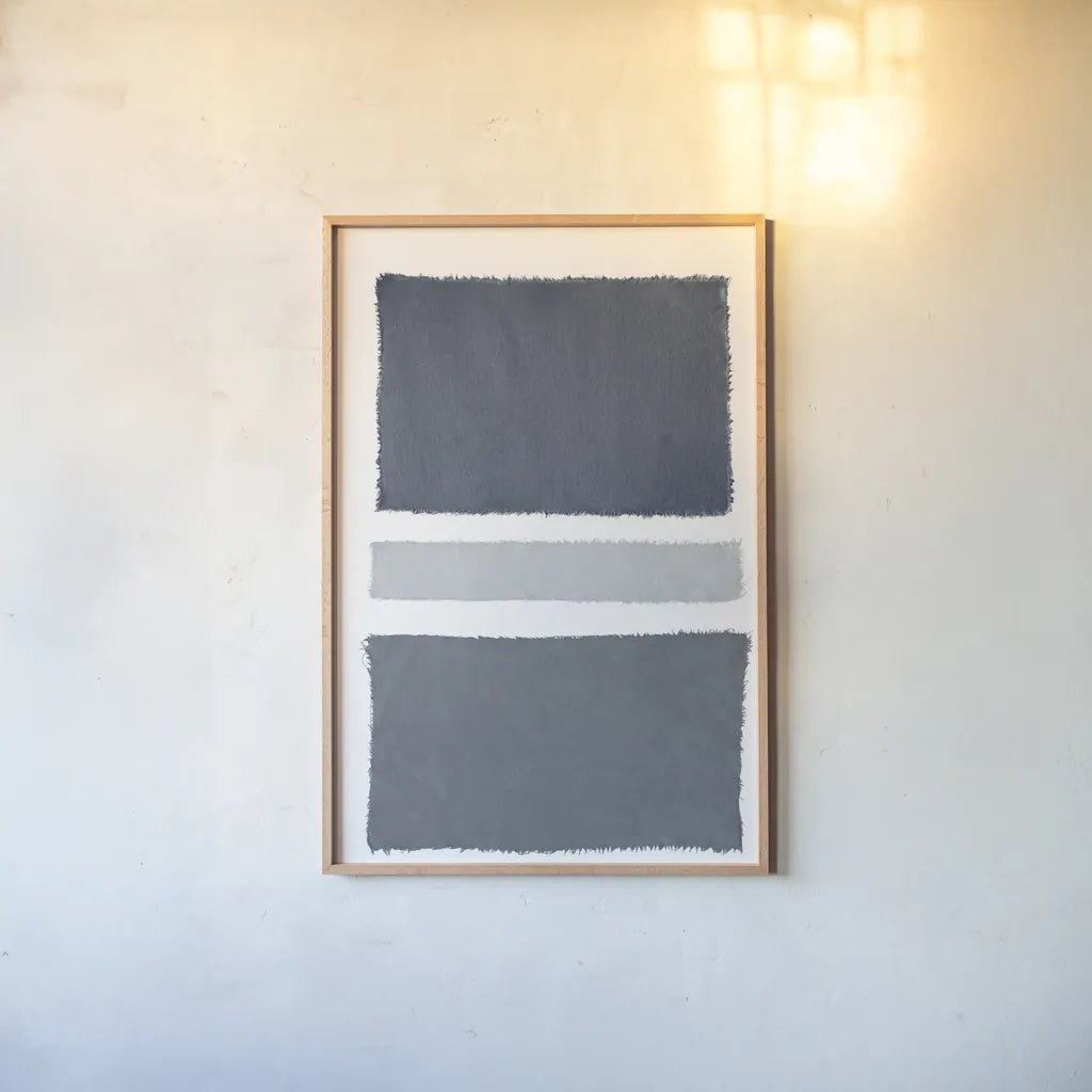Painted Weaving V Gray by Piper Rhue. shown as a paper print in a natural frame. Available as a archival giclee rolled canvas, fine art paper, or poster print. SKU 66595h.
