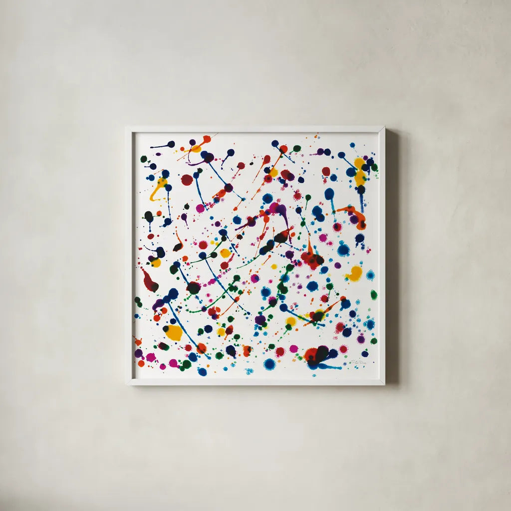 Party Lights by Piper Rhue. Shown in a crisp white glass frame for a clean and minimalist style. Available as an archival giclee rolled canvas, fine art paper, or poster print. SKU 30613a.