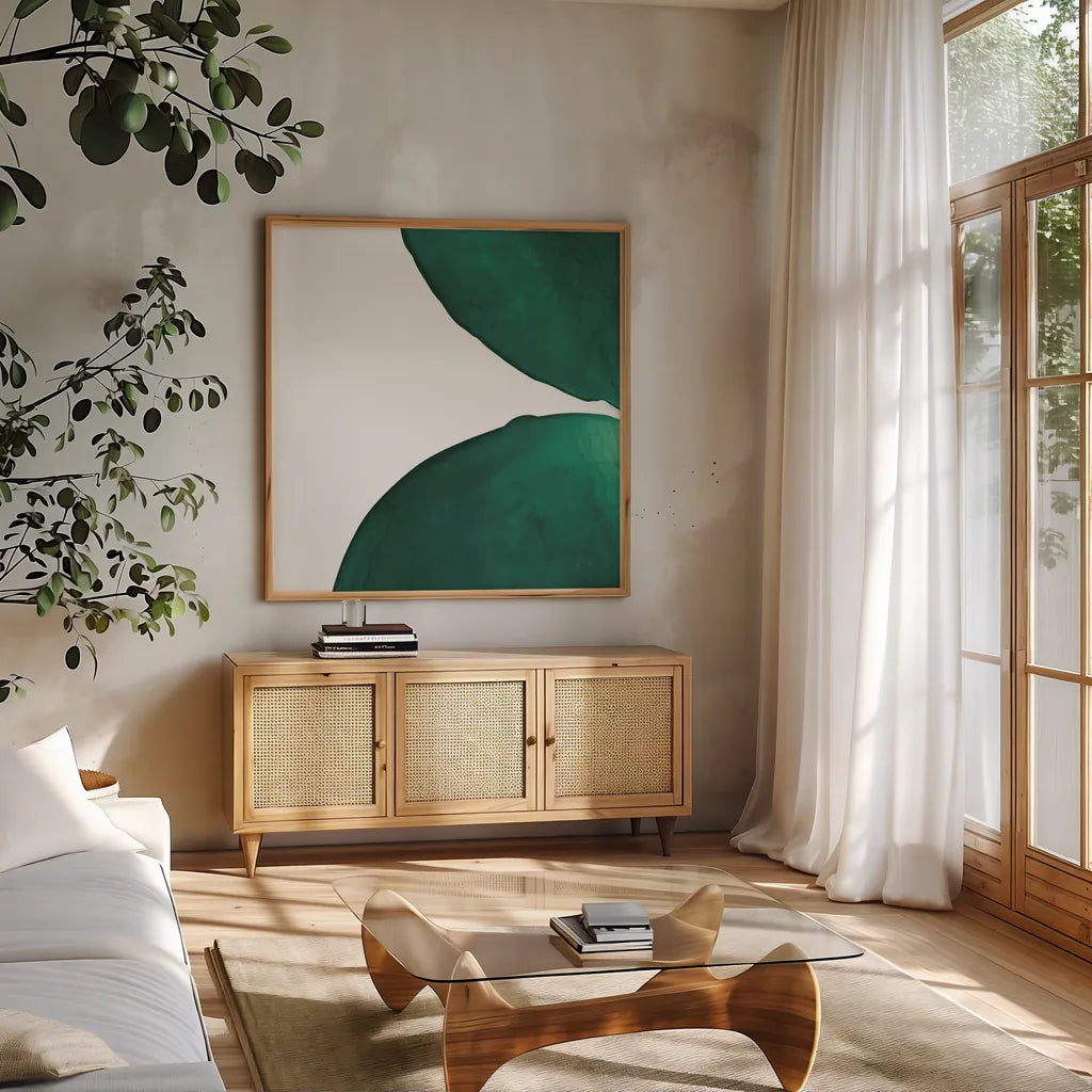 Pools of Green III by Piper Rhue. Shown in a natural wood frame in a cozy modern living room. Available as an archival giclee rolled canvas, fine art paper, or poster print. SKU 67886a.