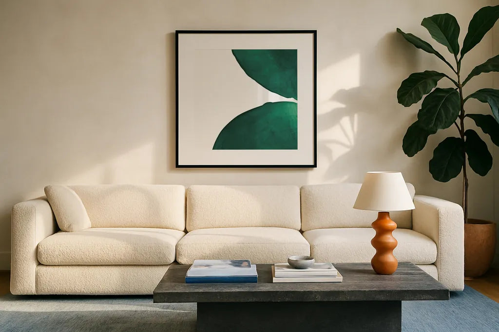 Pools of Green III by Piper Rhue. Displayed in a glass frame with matte in a clean modern living room. Available as an archival giclee rolled canvas, fine art paper, or poster print. SKU 67886a.