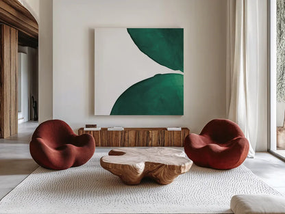 Pools of Green III by Piper Rhue. Shown as extra-large giant wall art in a modern living room. Available as an archival giclee rolled canvas, fine art paper, or poster print. SKU 67886a.