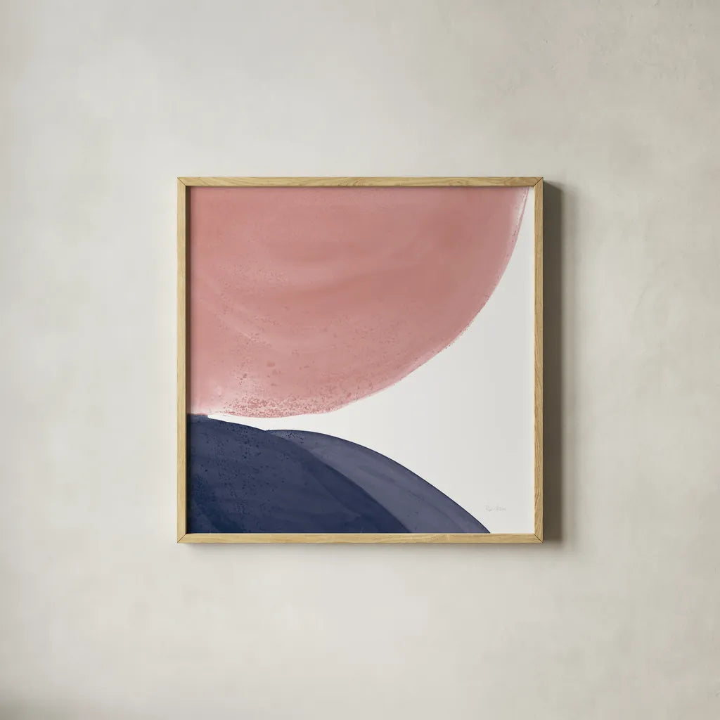 Pools of Navy Pink II by Piper Rhue. Shown in a natural wood glass frame for a timeless modern aesthetic. Available as an archival giclee rolled canvas, fine art paper, or poster print. SKU 67887a.