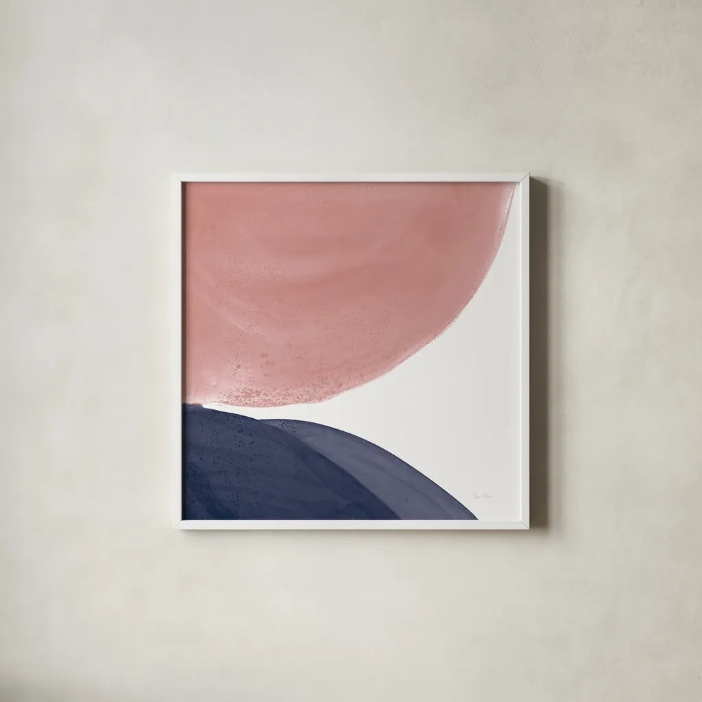 Pools of Navy Pink II by Piper Rhue. Shown in a crisp white glass frame for a clean and minimalist style. Available as an archival giclee rolled canvas, fine art paper, or poster print. SKU 67887a.