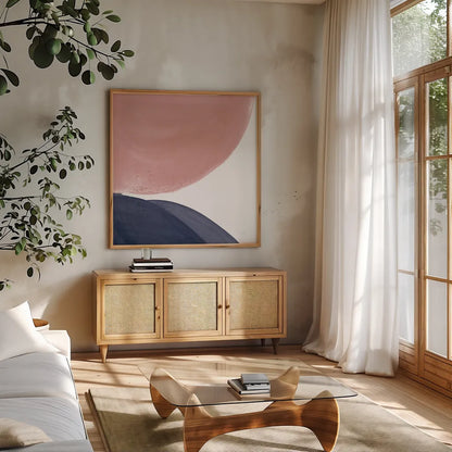 Pools of Navy Pink II by Piper Rhue. Shown in a natural wood frame in a cozy modern living room. Available as an archival giclee rolled canvas, fine art paper, or poster print. SKU 67887a.