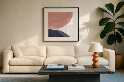 Pools of Navy Pink II by Piper Rhue. Displayed in a glass frame with matte in a clean modern living room. Available as an archival giclee rolled canvas, fine art paper, or poster print. SKU 67887a.