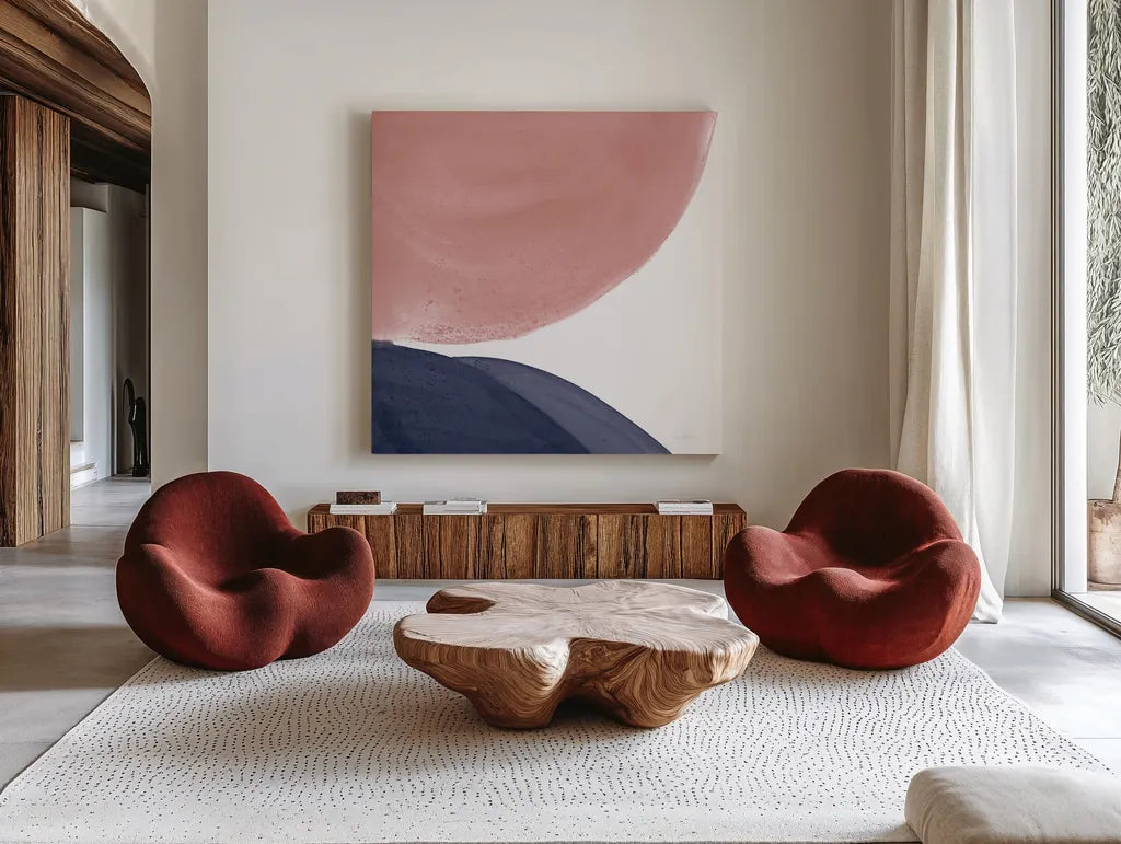 Pools of Navy Pink II by Piper Rhue. Shown as extra-large giant wall art in a modern living room. Available as an archival giclee rolled canvas, fine art paper, or poster print. SKU 67887a.