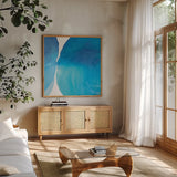 Pools of Turquoise I by Piper Rhue. Shown in a natural wood frame in a cozy modern living room. Available as an archival giclee rolled canvas, fine art paper, or poster print. SKU 34929a.