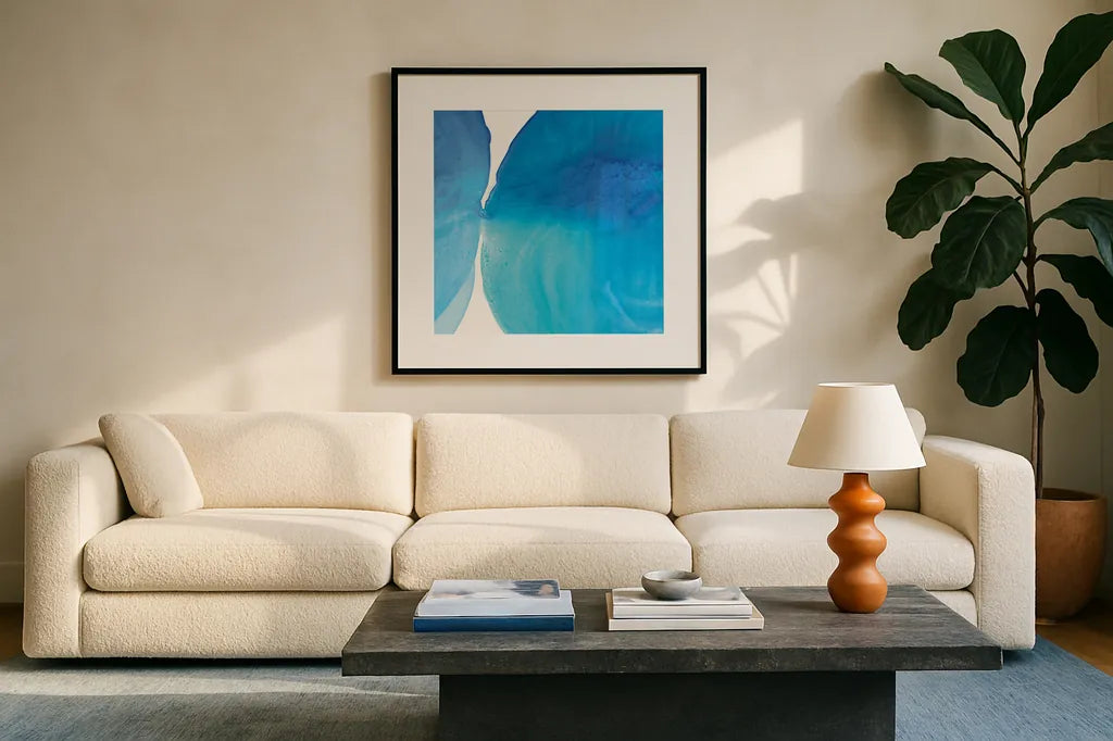 Pools of Turquoise I by Piper Rhue. Displayed in a glass frame with matte in a clean modern living room. Available as an archival giclee rolled canvas, fine art paper, or poster print. SKU 34929a.