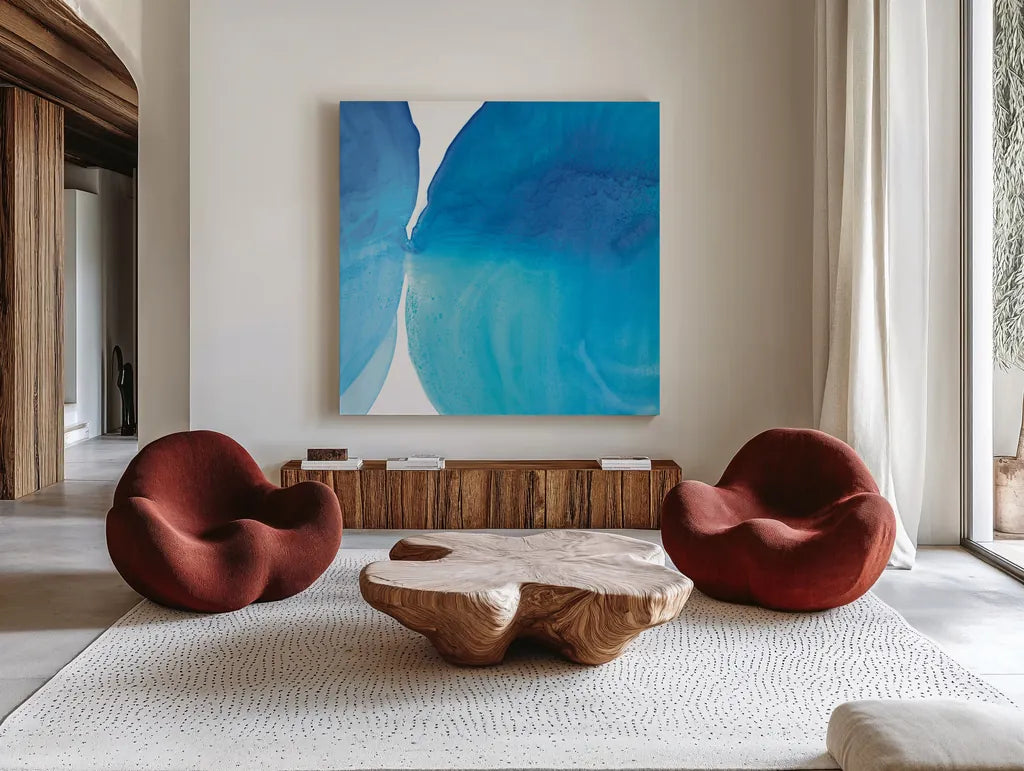 Pools of Turquoise I by Piper Rhue. Shown as extra-large giant wall art in a modern living room. Available as an archival giclee rolled canvas, fine art paper, or poster print. SKU 34929a.