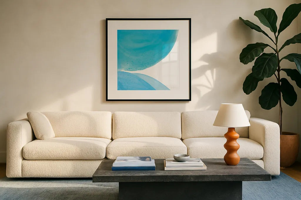 Pools of Turquoise II by Piper Rhue. Displayed in a glass frame with matte in a clean modern living room. Available as an archival giclee rolled canvas, fine art paper, or poster print. SKU 34930a.