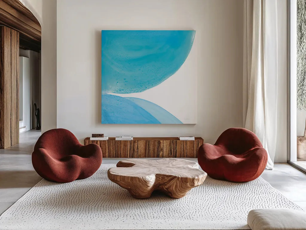 Pools of Turquoise II by Piper Rhue. Shown as extra-large giant wall art in a modern living room. Available as an archival giclee rolled canvas, fine art paper, or poster print. SKU 34930a.