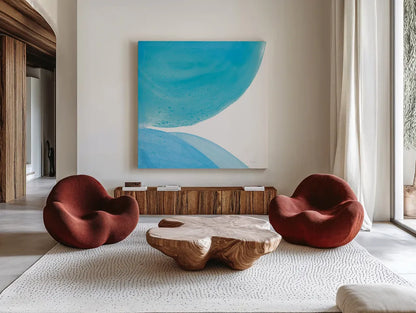 Pools of Turquoise II by Piper Rhue. Shown as extra-large giant wall art in a modern living room. Available as an archival giclee rolled canvas, fine art paper, or poster print. SKU 34930a.