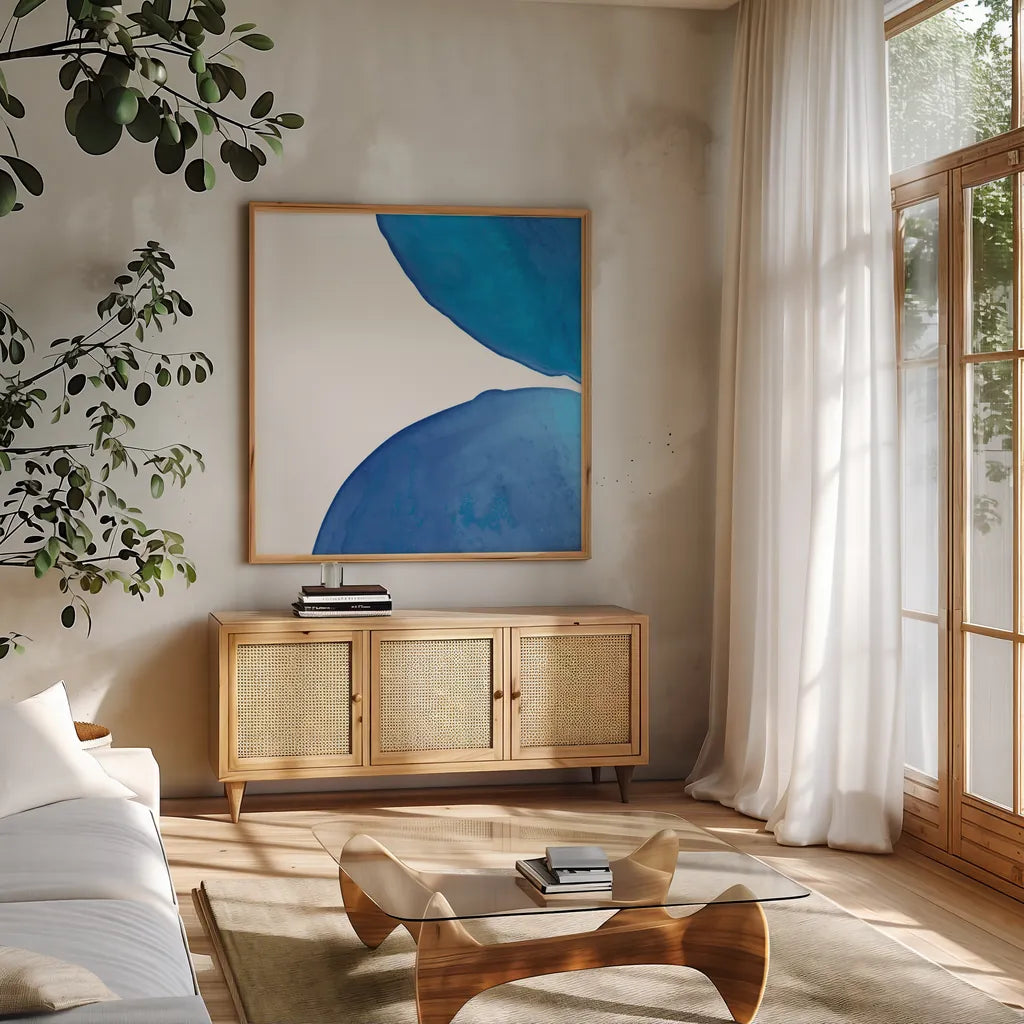 Pools of Turquoise III by Piper Rhue. Shown in a natural wood frame in a cozy modern living room. Available as an archival giclee rolled canvas, fine art paper, or poster print. SKU 34931a.