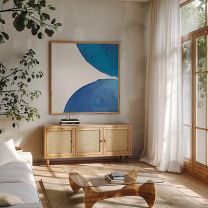 Pools of Turquoise III by Piper Rhue. Shown in a natural wood frame in a cozy modern living room. Available as an archival giclee rolled canvas, fine art paper, or poster print. SKU 34931a.