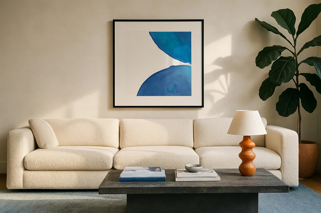 Pools of Turquoise III by Piper Rhue. Displayed in a glass frame with matte in a clean modern living room. Available as an archival giclee rolled canvas, fine art paper, or poster print. SKU 34931a.