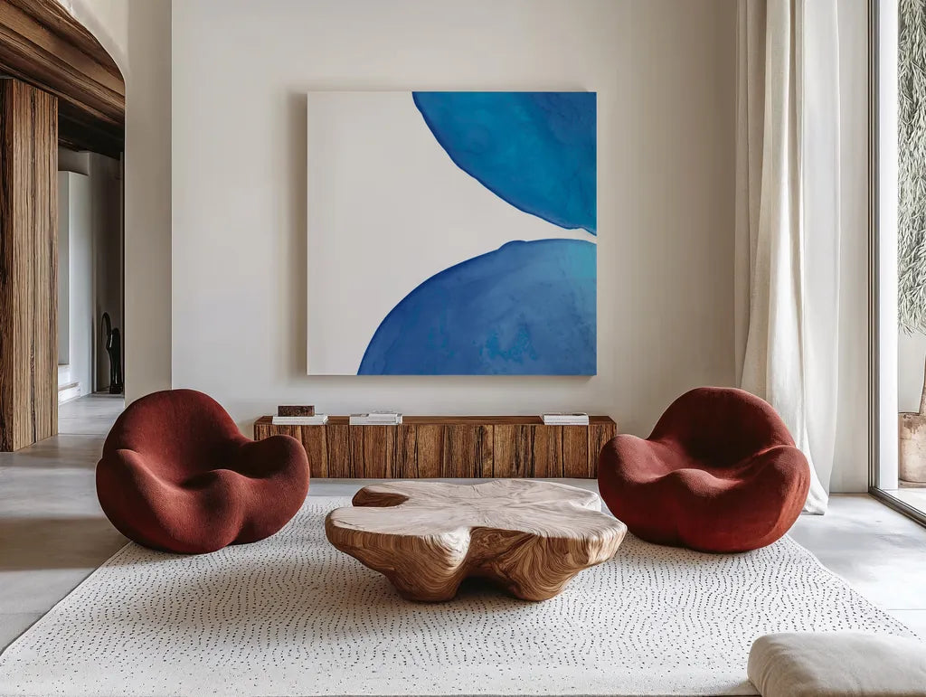 Pools of Turquoise III by Piper Rhue. Shown as extra-large giant wall art in a modern living room. Available as an archival giclee rolled canvas, fine art paper, or poster print. SKU 34931a.