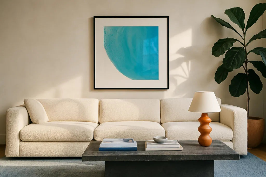 Pools of Turquoise IV by Piper Rhue. Displayed in a glass frame with matte in a clean modern living room. Available as an archival giclee rolled canvas, fine art paper, or poster print. SKU 34932a.