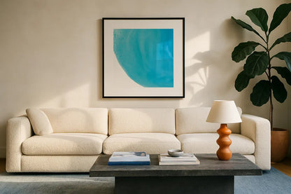 Pools of Turquoise IV by Piper Rhue. Displayed in a glass frame with matte in a clean modern living room. Available as an archival giclee rolled canvas, fine art paper, or poster print. SKU 34932a.