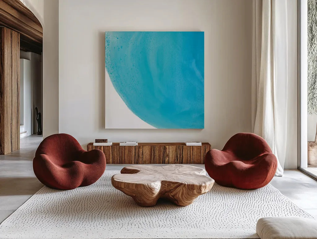 Pools of Turquoise IV by Piper Rhue. Shown as extra-large giant wall art in a modern living room. Available as an archival giclee rolled canvas, fine art paper, or poster print. SKU 34932a.
