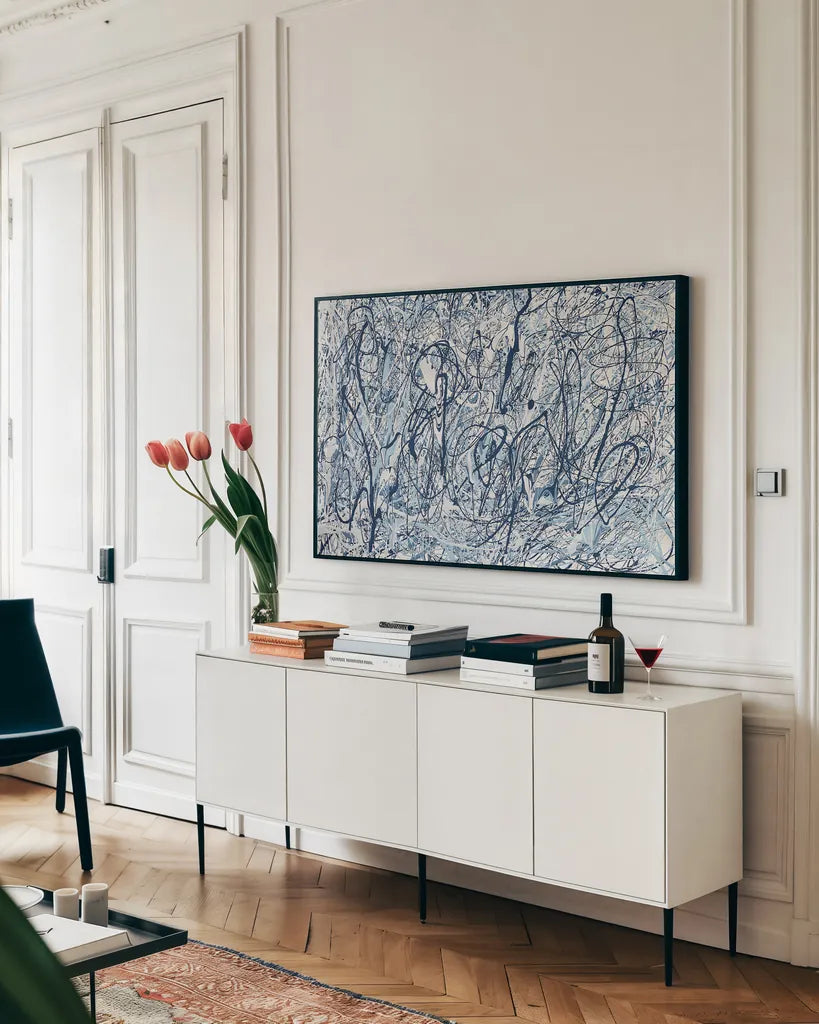 Shore Blues by Piper Rhue. shown as a framed stretched canvas in a living room above a console. Available as a archival giclee rolled canvas, fine art paper, or poster print. SKU 30301i.