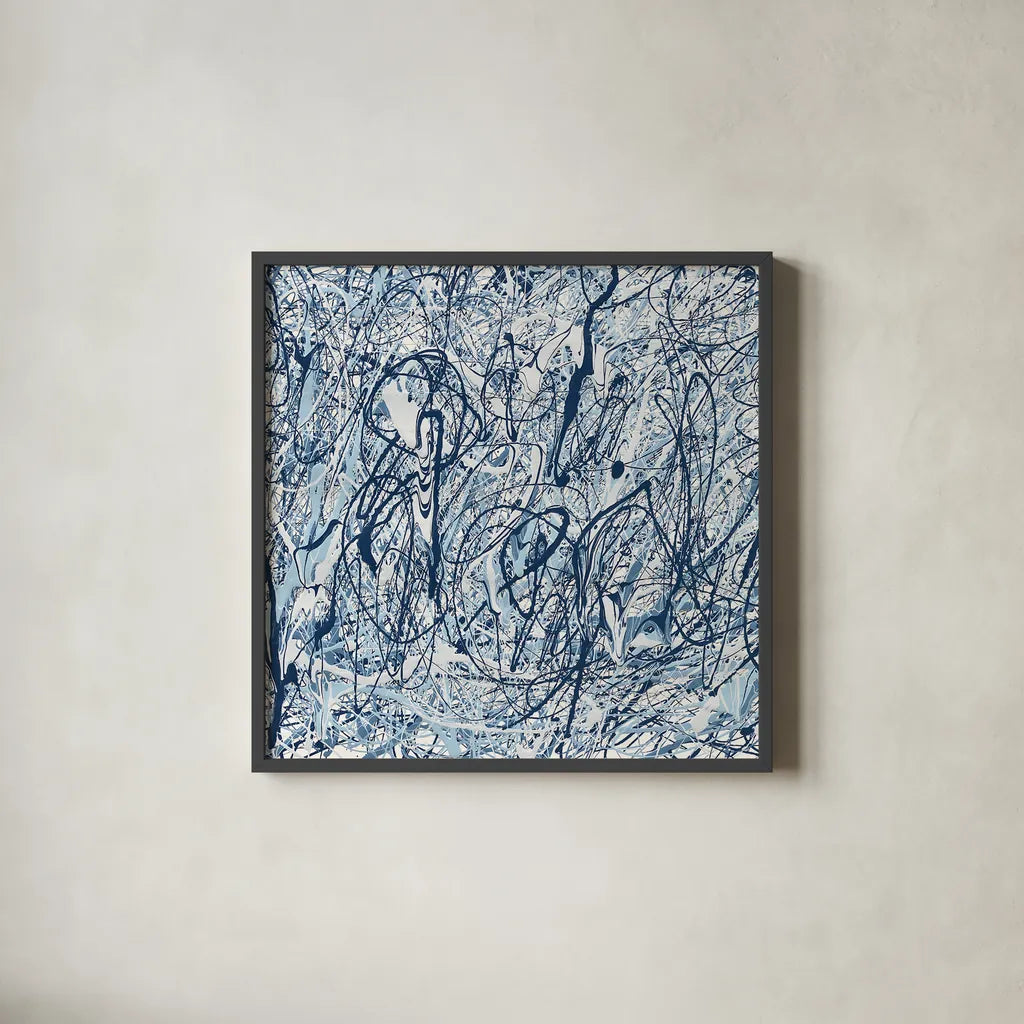 Shore Blues Crop by Piper Rhue. Shown in a sleek black glass frame for a contemporary gallery look. Available as an archival giclee rolled canvas, fine art paper, or poster print. SKU 30301a.